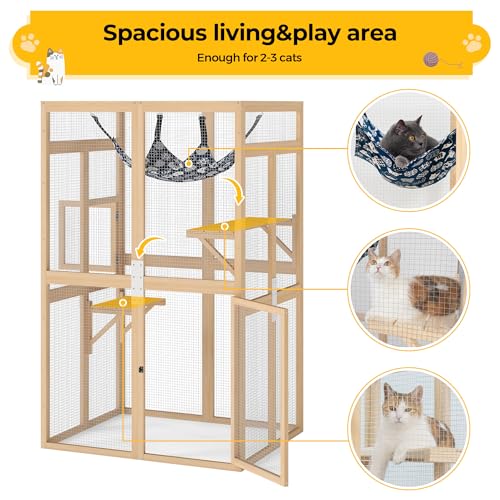 COZIWOW Catio Outdoor Cat Enclosure Window Access, Wooden Cat House Shelter, Kitty Cage with Hammock for Patio Indoor (Wood) COZIWOW