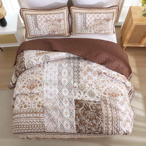 WONGS BEDDING Brown Quilt Set Queen Size,Bobo Floral Bedspread Coverlet Set, 3 Pieces Bohemian Patchwork Floral Pattern Bedspreads Bedding Quilt Set for All Seasons (96"x90") WONGS BEDDING