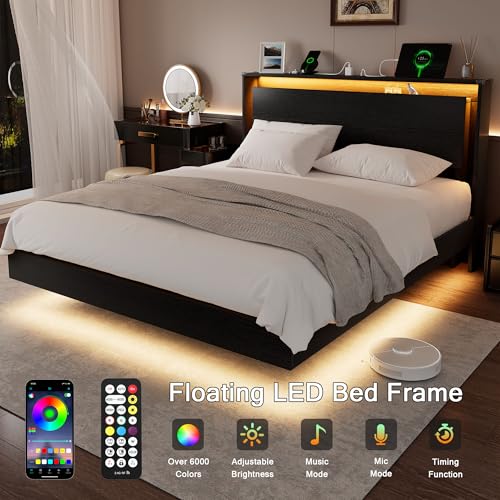 Einhomn Bed Frame Queen Size with LED Lights & Charging Station – Kids Wood Floating Queen Bed Frame with Storage Headboard, Adhesive Slats, Kick-Free & Noise-Free Design, Easy Assembly, Black Einhomn