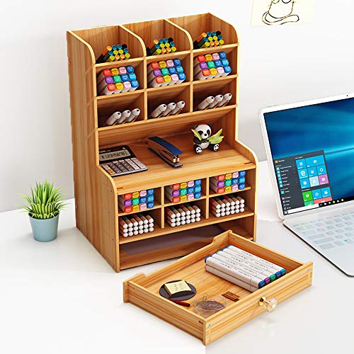 Marbrasse Wooden Desk Stationary Organizer, Multi-Functional Pen Holder, Storage Rack for School Home Office Art Supplie (B16-Cherry Color) Marbrasse