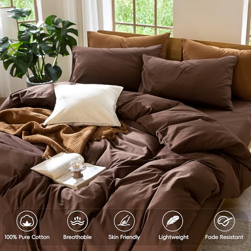MooMee Bedding Duvet Cover Set 100% Washed Cotton Linen Like Textured Breathable Durable Soft Comfy (Solid Cocoa Brown, King 104"x90") MooMee