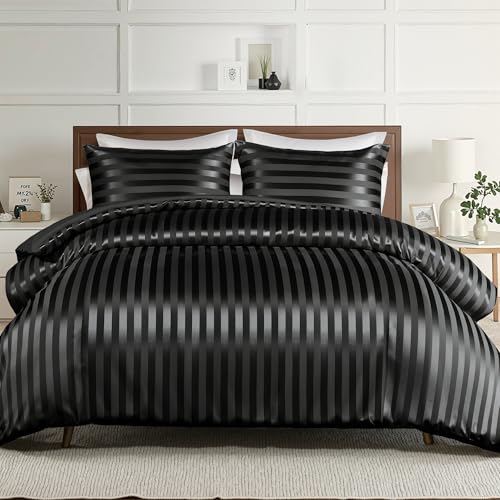 Whale Flotilla 3-Piece Reversible Silky Soft King Size Comforter Set, Luxury Stripe Satin Oversized Comforter Bedding Set with 2 Satin Pillowcases, Lightweight Duvet for All Seasons, Black Whale Flotilla