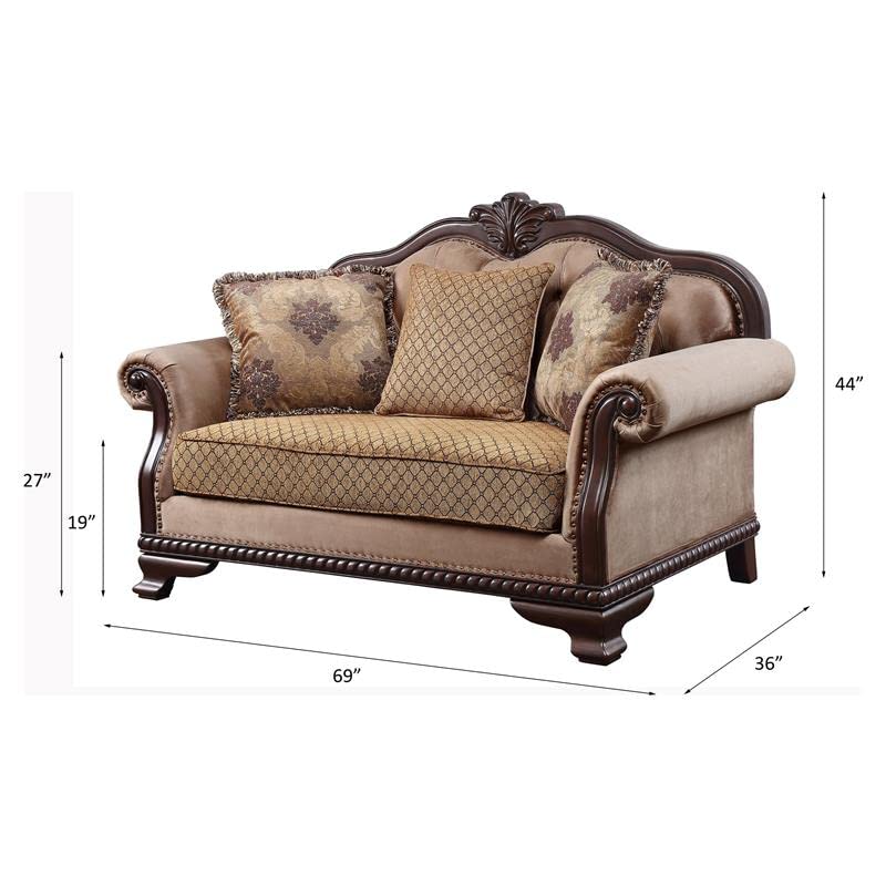 Acme Chateau De Ville Fabric Loveseat with 3 Pillows in Beige and Espresso Acme