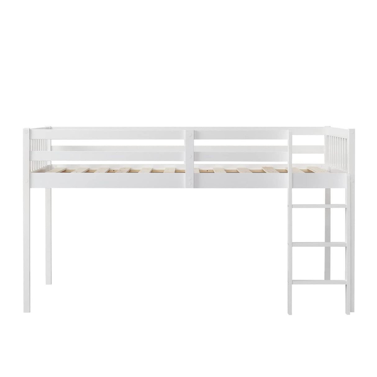 JOYMOR Low Loft Bed Twin Size, Wood Loft Bed Frame for Kids Junior Adults with Full-Length Guardrail and Ladder (Low Loft) JOYMOR