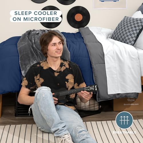 Bare Home Comforter - Twin/Twin Extra Long - Reversible Colors - Goose Down Alternative - Ultra-Soft - Premium 1800 Series - All Season Warmth - Bedding Comforter (Twin/Twin XL, Dark Blue/Grey) Bare Home