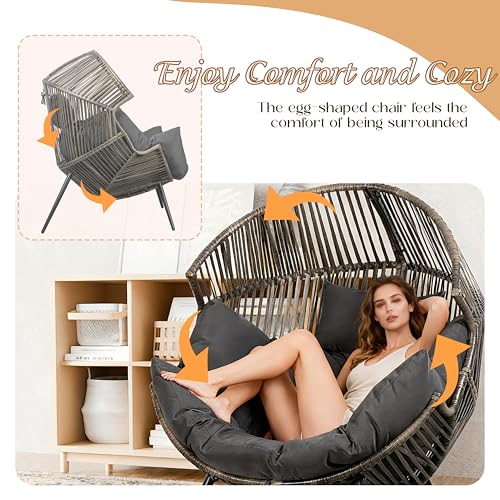 Shintenchi Wicker Egg Chair, Outdoor Rattan Patio Chair with Cushion,Oversized Patio Lounge Chairs with Cushion Egg Basket Chair, Egg Seat for Indoor Living Room Bedroom Outside,Grey Shintenchi