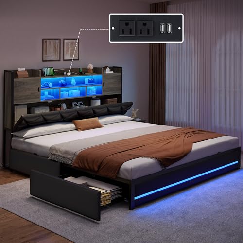 YITAHOME King Size Bed Frame with RGB LED Lights & Storage Bookcase Headboard, Upholstered Bed with Charging Station and 4 Drawers, No Box Spring Needed, Easy Assembly, Noise-Free, PU Leather Black YITAHOME