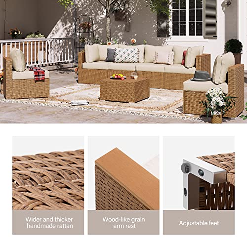 LAUSAINT HOME Outdoor Patio Furniture, 7 Piece Patio Furniture Set PE Rattan Sectional Conversation Sets with Thick Cushions & Wood-Like Coffee Table for Garden, Porch(Beige/Brown Wicker) LAUSAINT HOME