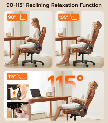 Office Desk Chair, Ergonomic Computer Chair with Padded Flip-Up Arms and Adjustable Lumbar Support, PU Leather Executive Chair with Tilt Lock and 360° Swivel Rolling Wheels for Work, Study Ylzyxal