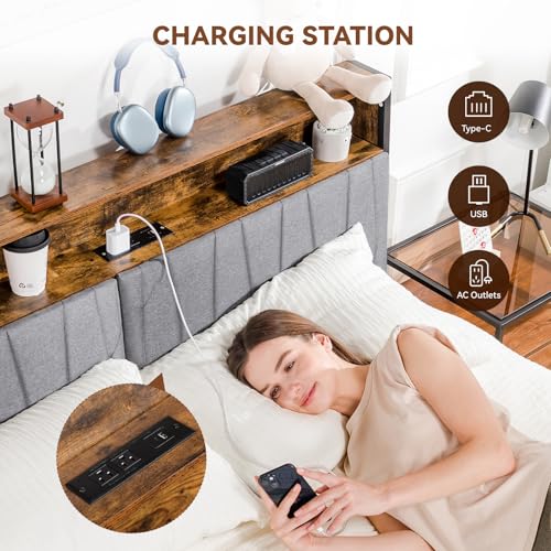 COMHOMA Platform Bed Frame with LED Lights and Charging Station, Storage Headboard and Footboard Drawers, No Box Spring Needed, Rustic Wood Look (King (U.S. Standard)) COMHOMA