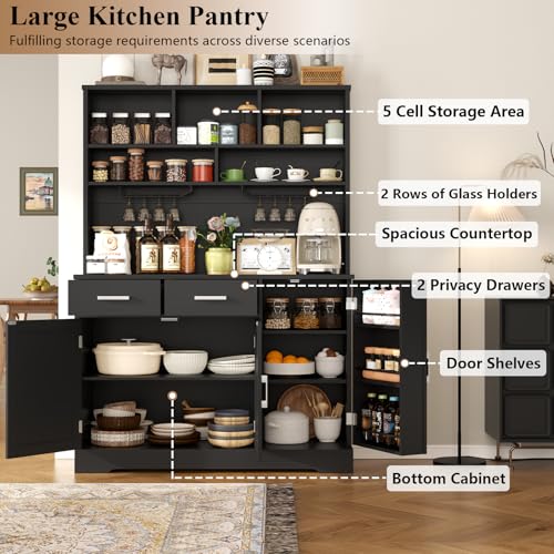 Tall Pantry Cabinet, Modern Kitchen Hutch with Microwave Stand, Kitchen Pantry Storage Cabinet with 2 Darwers & Door Shelf, Food Pantry with Goblet Holders & Adjustable Shelves for Dining Room, Black Gyfimoie