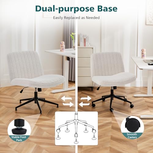 OLIXIS Criss Cross Chair with Wheels Wide Cross Legged Office Desk Vanity Chair Comfy Fabric Armless Adjustable Swivel for Home Computer Task PU Brown OLIXIS