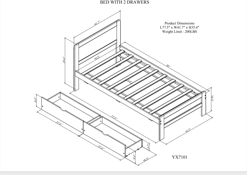 Twin Size Bed Frame with Storage Drawers,Solid Wood Platform Bed with Headboard,Twin Bed Frames for Kids,Teens,Adults,No Spring Needed,Walnut Bellemave