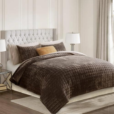 RECYCO Luxury Velvet Quilt Set Full Queen Size Bedding Sets, Ultra Soft Velvet Comforter Set, Lightweight Channel Box Stitch Oversized Bedspread Coverlet for All Season, with 2 Shams, Walnut Brown
