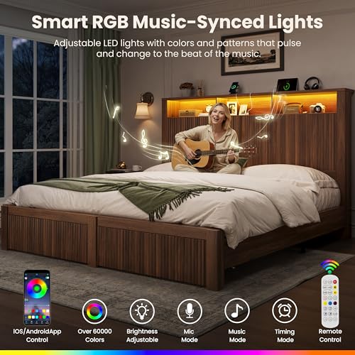 CypBed King Size Bed Frame and Headboard& 2 Storage Drawers, King Bed Frame with LED Light and Charging Port, Farmhouse Wavy Design, Wood & Metal Platform, Noise-Free, No Box Spring Needed, Walnut CypBed