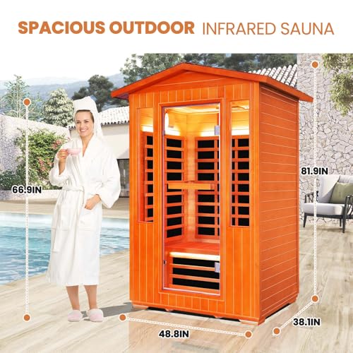 Outdoor Sauna 2 Person Sauna Infrared Saunas Dry Sauna Room 2080W/110V Low EMF Outer Board Red Cedar/Inner Board Fir Wood, Oxygen Bar, Speaker, LCD Control Screen, LED Lights - 48.8*38.2*81.9 in HOSAUNA