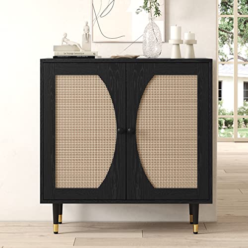Black Buffet Sideboard Cabinet, Rattan Sideboard with Natural Rattan Doors, Black Rattan Console Table with Storage, Modern Accent Buffet Cabinet with Adjustable Shelves for Living Dining Room 4ever2buy