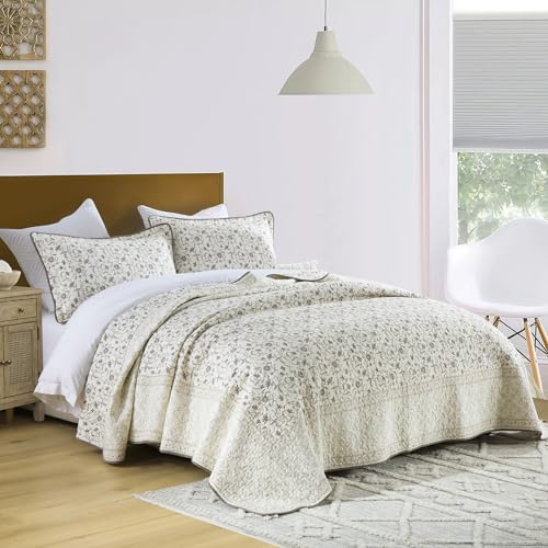 DDUOXIN 3 Piece Queen Quilt Set - 100% Cotton Soft Farmhouse Queen Quilt with 2 Pillow Shams, Botanical Style Floral Print Bedspread Lightweight Comforter Bedding Set, Purple Brown/Beige, Queen DDUOXIN