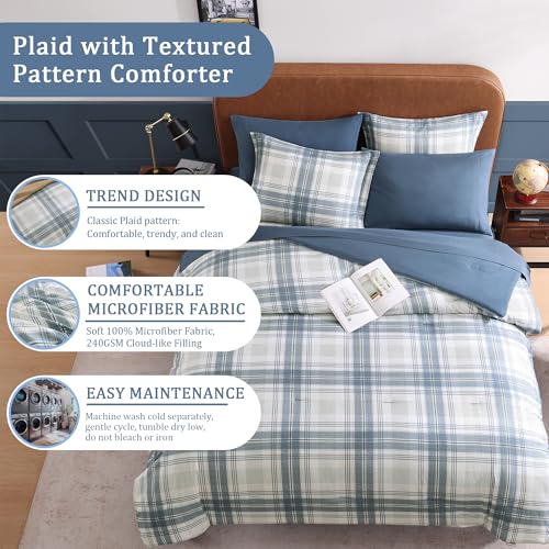 AMBERSPACE Full Size Comforter Sets, Blue Grey Plaid Bedding Set 7 Piece for Boys Girls Teen, Classic Homestead-Style Kids Comforter Set Bed in A Bag with Sheets, Pillowcases & Shams AMBERSPACE