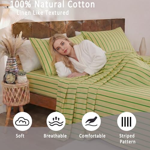 Merryword 100% Cotton Sheet Set Queen Size, Khaki & Green Stripes Bedding, Soft Breathable Percale Weave, Modern Minimalist, Luxury Linen Like, Deep Pocket Fitted Sheet 17.5" Merryword