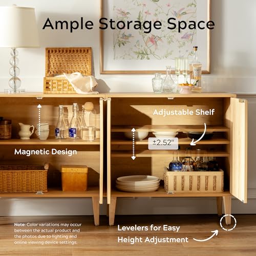EYYTHUNG Accent Storage Cabinet Set of 2 Sideboard with Rattan Doors, Boho Buffet Kitchen Bar Cabinet Farmhouse Credenza Cabinet with Adjustable Shelves for Living Room (Natural Oak) EYYTHUNG