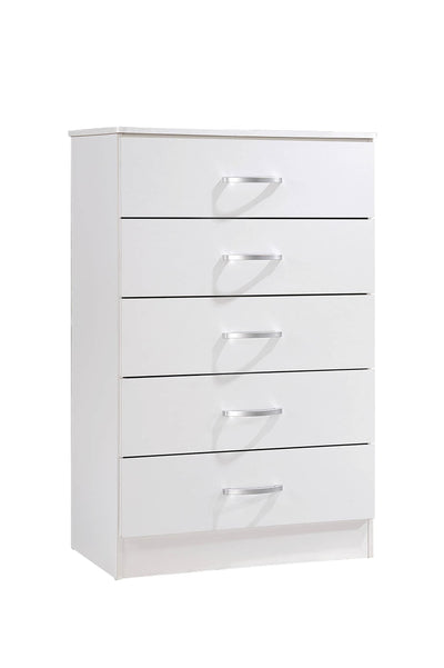 HODEDAH 5 Drawer Wood Dresser for Bedroom, Chest of Drawers with Metal Rails for Support when Storing Clothing, White