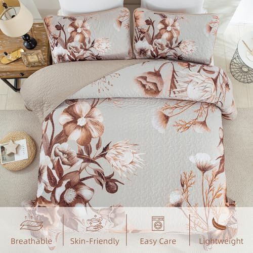 Khaki Quilt Set King Size Bedding Set 3 Pieces Boho Floral Quilt Bedspread Soft Microfiber Lightweight Flower Coverlet Set with 2 Pillow Shams for All Season 90"x104" Drucon