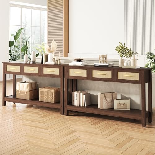 JASIWAY Brown Entryway Table with Storage, 47" Rattan Console Table with Drawers, Narrow Long Foyer Sofa Tables for Living Room, Entryway, Hallway, Front Door, Mesa de Entrada de Puerta, Boho JASIWAY