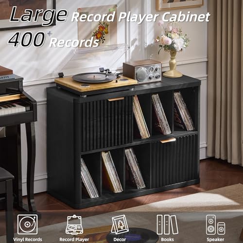 LEYAOYAO Large Record Player Stand with Vinyl Storage Up to 450 Albums, Wood Fluted Boho Record Storage Accent Cabinet, Modern Stereo Media Cabinets, Wide Turntable Stand for Living Room, Black Oak LEYAOYAO