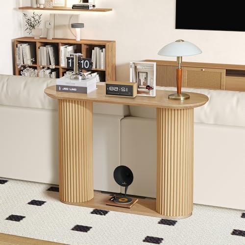 AVZEAR Fluted Entryway Console Table with Storage Shelf, Oval Curved Couch Table Behind Sofa Modern Boho Console Tables Long and Skinny for Living Room Hallway Entrance Foyer, Nature Color AVZEAR