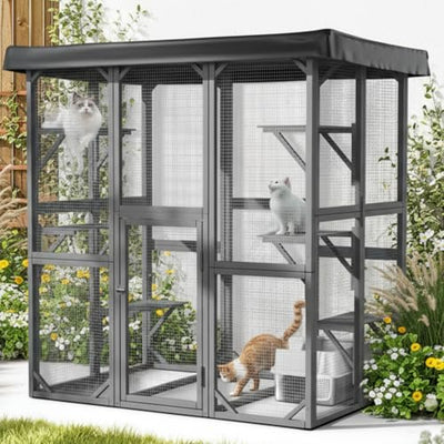 71inch Large Catio Outdoor Cat Enclosure with Weatherproof Cover, Perches and Condo, Walk in Cat House for Multiple Cats Outside