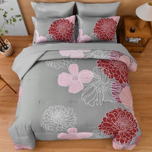 Yiran Burgundy Pink Red Floral Comforter Set Bed in a Bag Flower Comforter Set Soft Microfiber Bedding Set King 104''x90'' Yiran