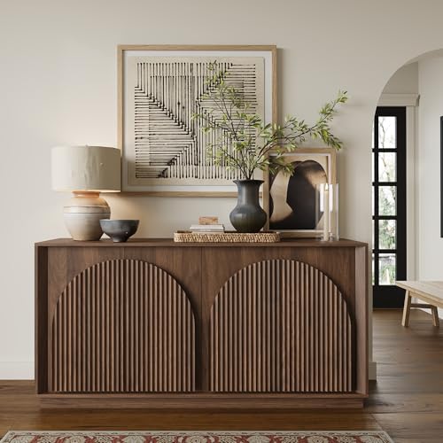 win2win Fluted Sideboard Buffet Cabinet with Storage, 65" Mid Century Modern Accent Cabinet with Double-Layered Arch Doors,Wood Media TV Console Table Credenza for Living Room Hallway Entryway,Walnut win2win