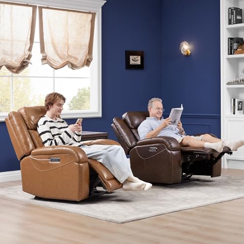 Watson & Whitely Oversized Genuine Leather Power Recliner Chairs for Big and Tall, Wall Hugger Recliner with Power Headrest & Charging Ports, Extra Large Reclining Chair for Living Room, Dark Brown