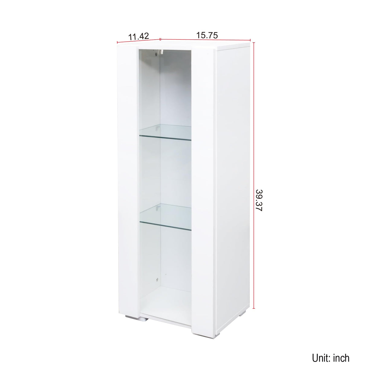 Pvillez 39" LED Display Cabinet with 3 Glass Shelves & 1 Door, Modern Wall-Mounted Curio Cabinet Display Case Storage Cabinet, High Gloss Floor Standing Bookshelf for Living Room Bedroom (White) Pvillez