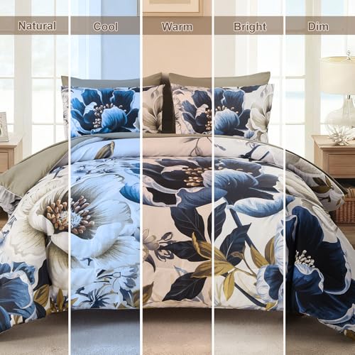 Dintszyayue Brown Comforter Set King Size, 7 Pieces Floral Bed in a Bag Set, Texture Blue Flower Bedding Sets, Soft Microfiber for All Season with Flat Sheet Fitted Sheets Pillowcases and Shams Dintszyayue