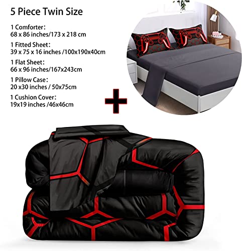 BDUCOK 5 Piece Gamer Comforter Sets Bed in A Bag for Boys Teen Kids,Honeycomb Gaming Bedding Sets Gamepad Comforter Microfiber Bed Set for All Season Gamer Home Decor(red, 5 Piece Sets30023-Twin) BDUCOK