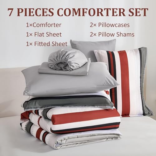 WONGS BEDDING Comforter Full Size, Red Bedding Comforter Set for Full Bed, Striped Bed in a Bag Full Size Comforter Sets for All Season 90"×78" WONGS BEDDING