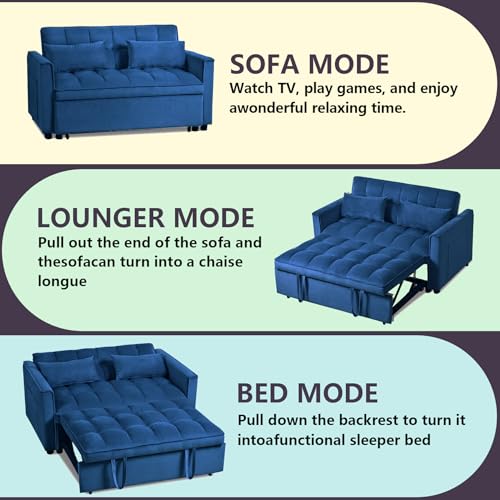 Thctvous 3 in 1 Pull Out Couch Bed, Convertible Futon Sofa Bed, Velvet Sleeper Loveseat for Small Living Room, Adjustable Backrest, Comfy Pillows, Side Pocket (Blue) Thctvous