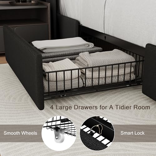 Einhomn Full Size Bed Frame with 4 Storage Drawers and Charging Station, Upholstered Platform Bed Frame with Storage Headboard, No Box Spring Needed, Easy Assembly, Black Einhomn