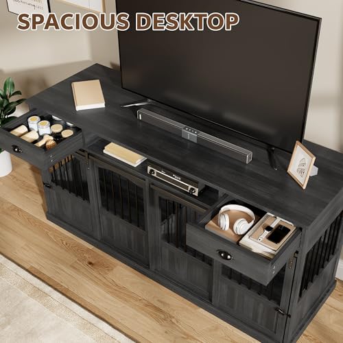Homiflex 70.86" Double Dog Crate Furniture with Storage for 2 Medium Large Dogs Farmhouse Wooden Dog Kennel Furniture with 2 Sliding Doors Divider & Power Outlet Decorative Dog Cage TV Stand Dark Grey Homiflex