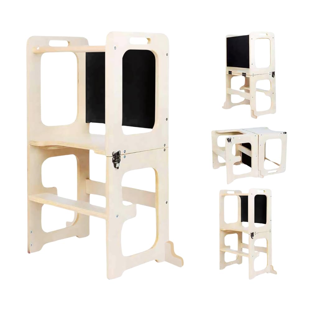 Montessori Mission 4-in-1 Foldable Learning Kitchen Tower, Stool with Chalkboard, Desk, Table & Chair, Montessori Kitchen Stool, Learning & Kitchen Tower for 1-6 Years Old Montessori Mission