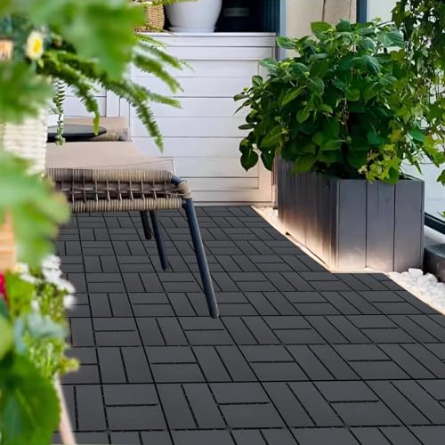 Plastic Interlocking Deck Tiles Outdoor All Weather Waterproof 12 PCS 12"x12" Flooring Deck Tiles Patio Floor Tile for Pool Balcony Backyard Porch, Dark Grey SAILARY