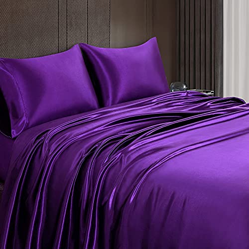 Homiest 4pcs Satin Sheets Set Luxury Silky Satin Bedding Set with Deep Pocket, 1 Fitted Sheet + 1 Flat Sheet + 2 Pillowcases (King Size, Purple) Homiest
