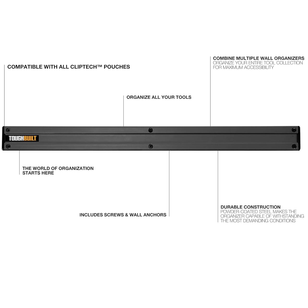 ToughBuilt - 24" Wall Organizer,Compatible with All ClipTech Pouches, Includes Screws & Wall Anchors, Powder-coated Steel - (TB-53) ToughBuilt