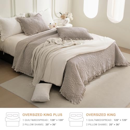 QSH 3PCs Linen Feel Oversized King Quilt Bedspread Set(120"x120"),Stonewashed Cotton Ruffled Quilt California King,Ultra Soft Lightweight Crinkle Shabby Bedspread Coverlet Bedding Set for All Seasons QSH