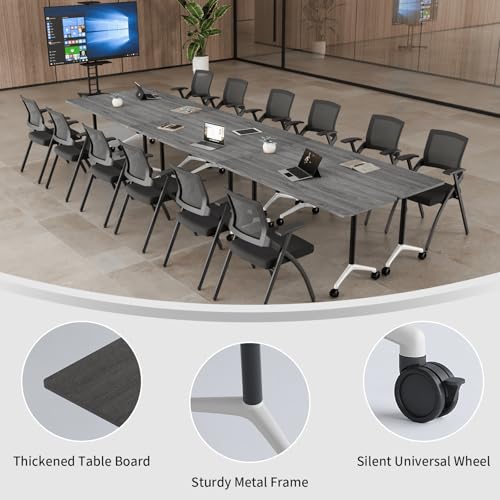 Folding Conference Table, Conference Room Tables for 6-12 Person, Modern Modular Training Table with 360° Silent Wheels, Large Mobile Foldable Seminar Meeting Tables for Office (2, Grey2, 55.1in) Jklmzpf