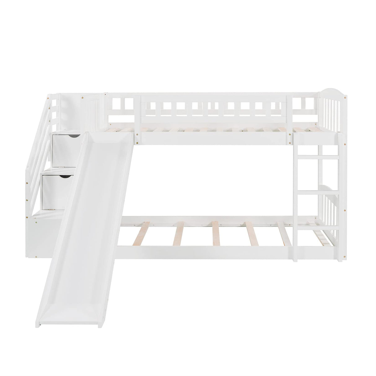 Bunk Beds with Slide Twin Over Twin Low Bunk Bed Frame with Storage Drawers Stairway Wood Bunk Bed for Kids Boys Girls, White Bellemave