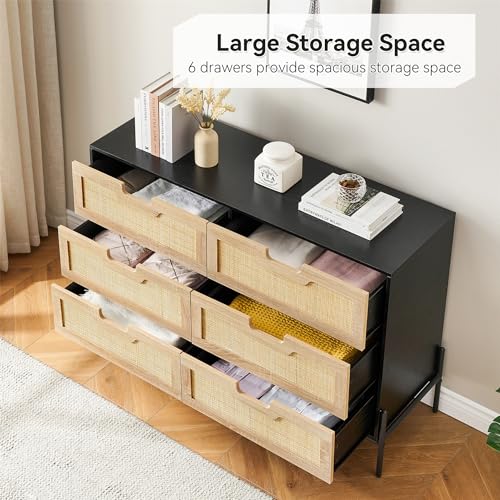 IDEALHOUSE 6 Drawers Dresser for Bedroom, Natural Rattan Drawer with Spacious Storage, Wood Chest of Drawers with Metal Legs for Bedroom, Living Room, Hallway, Entryway (Black, 6 Drawers Dresser) IDEALHOUSE