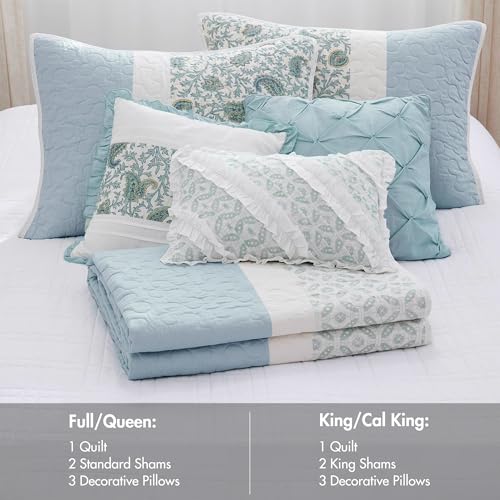Madison Park 100% Cotton Quilt Set Floral Print, Double Sided Stitching, All Season, Lightweight Coverlet Shabby Chic Bedding Layer, Matching Shams, Full/Queen, Light Teal 6 Piece,Aqua Madison Park